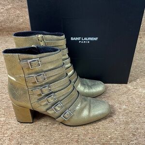 Saint Laurent Paris Gold Metallic Ankle Boots Block Heel Buckle Size 40